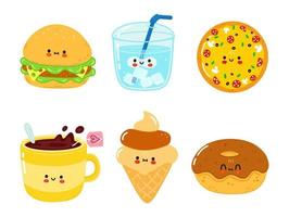 conjunto de divertidos personajes felices de comida rápida. ilustración de personaje kawaii de dibujos animados dibujados a mano vectorial. fondo blanco aislado. lindo sándwich, vaso de agua, pizza, taza de té, helado, donut de chocolate