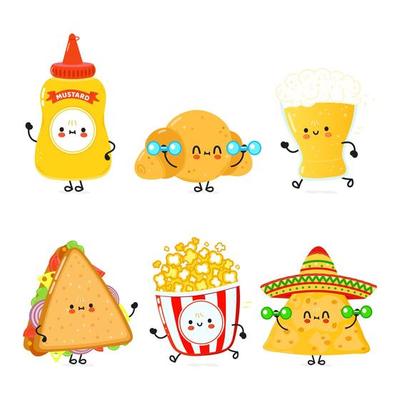 Funny happy fast food characters set. Vector hand drawn cartoon kawaii character illustration. Isolated white background. Cute mustard, croissant, beer, sandwich, popcorn, nachos