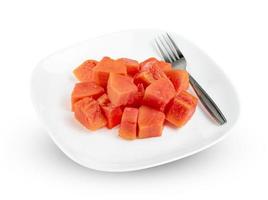 Ripe papaya slice with plate and fork isolated on white background  ,include clipping path photo