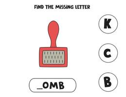 Find missing letter with red comb. Spelling worksheet. vector