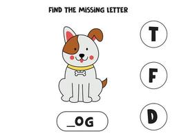 Find missing letter with cute brown dog. Spelling worksheet. vector