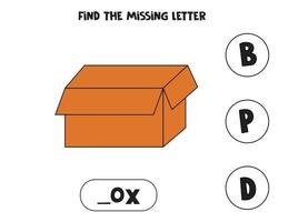 Find missing letter with carton box. Spelling worksheet. vector