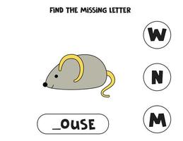 Find missing letter with cute mouse. Spelling worksheet. vector