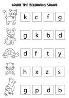 Learning English language for children. Color the beginning sound. vector