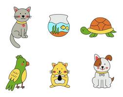 Set of cute hand drawn pets in cartoon style. vector