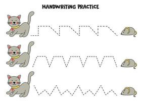 Tracing lines for kids. Cute cat and mouse. Writing practice. vector