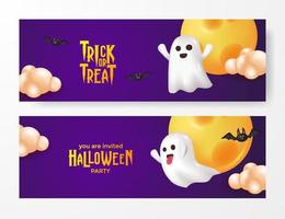 Happy halloween party and trick or treat with 3d cute spirit ghost and moon with cloud and bat illustration at purple night background vector