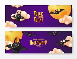 3d cute bat at the purple night with moon and cloud illustration for halloween party banner invitation