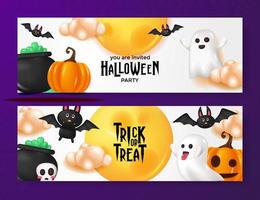 feliz halloween e invitación de truco o trato con elemento de caldero de calabaza espíritu lunar vector