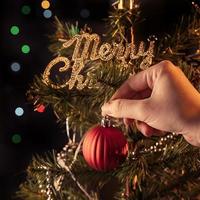 Christmas background concept- beautiful decor bauble hanging on the Christmas tree with sparkling light spot, blurry dark black background, copy space, close up. photo