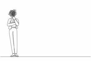 Single continuous line drawing businesswoman with round scribbles instead of head. Female manager standing in thoughtful pose holding her chin thinking and finding answer. One line draw design vector