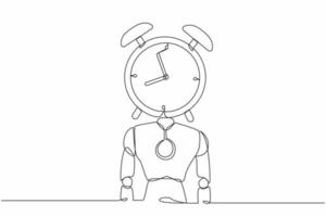 Continuous one line drawing robot with alarm clock instead of head. Future technology development. Artificial intelligence and machine learning process. Single line design vector graphic illustration