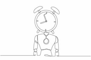 Continuous one line drawing robot with alarm clock instead of head. Future technology development. Artificial intelligence and machine learning process. Single line design vector graphic illustration