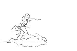 Single one line drawing businesswoman holding briefcase ride cloud, pointing forward, go to future, business concept. Woman on cloud way to success. Continuous line design graphic vector illustration