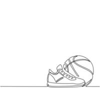 Continuous one line drawing basketball ball and shoes. Sport equipment. Basketball stuff. Competitive and competition game. Active and healthy lifestyle. Single line draw design vector illustration