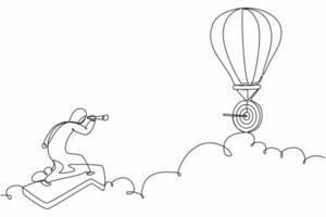 Single continuous line drawing Arab businesswoman riding forward arrow and using monocular to see business vision on hot air balloon. Financial growth concept. One line draw design vector illustration