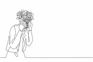 Single one line drawing businesswoman with round scribbles instead of head. Distressed worker hand on head gesture have overwork. Woman suffer headache, workload. Continuous line design graphic vector