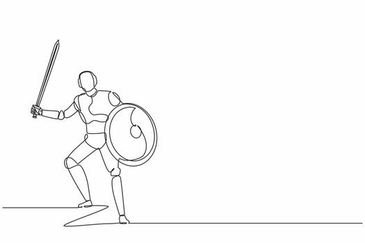 Single one line drawing robot with sword and shield furiously attacks. Future technology development. Artificial intelligence and machine learning process. Continuous line draw design graphic vector