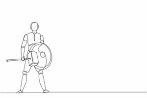 Single one line drawing robot standing holding hammer and shield. Future technology development. Artificial intelligence machine learning process. Continuous line design graphic vector illustration