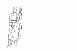 Continuous one line drawing double bass player standing with big string instrument. Man musician playing classical music with fingers. Professional contrabassist. Single line graphic design vector