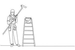 Continuous one line drawing painter woman in overalls with a painting roller, with bucket and ladder. Room painter. Handywoman. Construction worker. Single line draw design vector graphic illustration