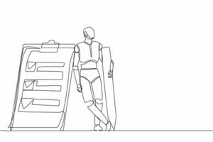 Single continuous line drawing robots holding big pencil and lean on clipboard. Modern robotics artificial intelligence technology. Electronic technology industry. One line draw graphic design vector