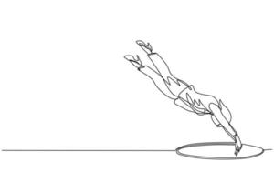 Continuous one line drawing businesswoman jump into hole. Concept of failure to take advantage of business opportunities. Depressed and business failure concept. Single line draw design vector graphic