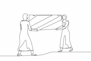 Single one line drawing female loaders carrying big mirror to new office. Two Arabian businesswomen with furniture in building hall. Moving to new apartment. Continuous line draw design graphic vector