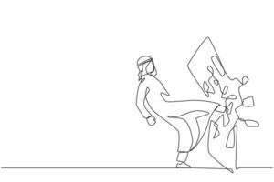 Single one line drawing Arabian businessman kicked mirror and shattered it. Breaking impossible barrier. Business motivation, breakthrough concept.  Continuous line design graphic vector illustration