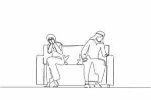 Continuous one line drawing sad unhappy Arabian husband and wife sitting on couch and keeping silence after quarrel at home. Problems in communication and fight. Single line draw design vector graphic