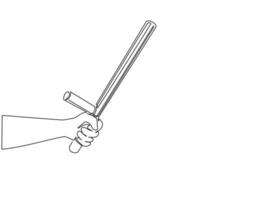 Single one line drawing hand holding police bat. Policeman ammunition, security rubber baton. Black truncheon with handle. Guard weapon. Modern continuous line draw design graphic vector illustration