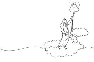 Single one line drawing Arabic businessman floating with balloon. Man holding balloon flying through cloud. Worker reaches goal, target, finds solution. Continuous line draw design vector illustration