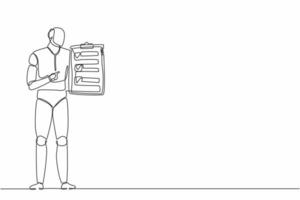 Single continuous line drawing robots standing and pointing clipboard. Modern robotics artificial intelligence technology. Electronic technology industry. One line graphic design vector illustration