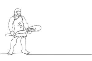 Single one line drawing caveman holding big wooden club or cudgel. Prehistoric bearded man dressed in animal pelt. Neanderthal hunter. Ancient homosapiens. Continuous line draw design graphic vector