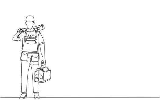 Continuous one line drawing man plumber holding wrench and tools box in hands stands isolated. Professional serviceman character in uniform ready for work. Single line draw design vector illustration