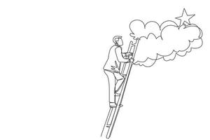 Single continuous line drawing businessman climbing ladder to reach out for the stars. Businessman climbing to goal. Motivation to be success, winner, finish, win. One line draw graphic design vector