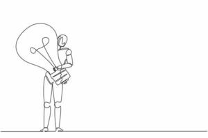 Single one line drawing robot carrying big heavy lightbulb. Future technology development. Artificial intelligence and machine learning process. Continuous line draw design graphic vector illustration