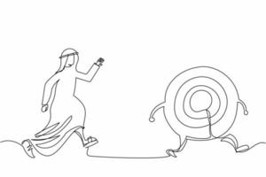 Continuous one line drawing Arab businessman chasing for target achievement, guidance or control to reach goal, competition or challenge to success. Single line draw design vector graphic illustration