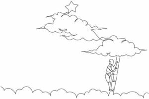 Single continuous line drawing robot climbing ladder to reach out for stars. Motivation to be success. Robotic artificial intelligence. Electronic technology. One line draw design vector illustration