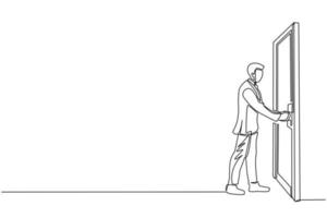 Single continuous line drawing businessman holding a door knob. Entering room in office building. Man holding door knob to open door and enter work space. Dynamic one line draw graphic design vector