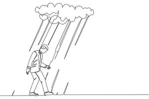 Continuous one line drawing unhappy depressed sad businessman in stress walking under rain cloud. Alone loser male depression. Loneliness in overcast weather. Single line design vector illustration