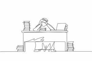 Single continuous line drawing stressed Arab businessman throwing tantrum in office holding his hands to his head shouting while seated at desk surrounded by files. One line draw graphic design vector