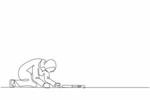 Single continuous line drawing depressed Arabian businesswoman with briefcase crawling in despair on floor. Frustrated office worker mental health problems. One line graphic design vector illustration