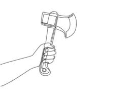 Single one line drawing hand holding wooden axe. Forester ax icon. Axes with wooden handle. Camping Axe, Lumberjack Axe. Illustration of weapon ax. Modern continuous line draw design graphic vector