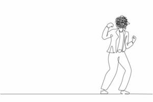 Single one line drawing businesswoman with round scribbles instead of a head. Angry annoyed worker with clenched fists. Aggressive mood, toxic communication. Continuous line draw design graphic vector