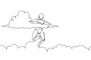 Continuous one line drawing robot hang in clouds. Hoping for success, winning business project. Humanoid robot cybernetic organism. Future robotic development. Single line design vector illustration