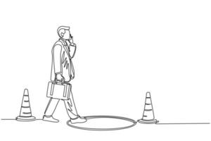 Single one line drawing businessman talking on cell phone and he does not see the hole in front. Man walks to business trap. Metaphor. Modern continuous line draw design graphic vector illustration