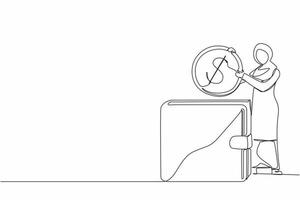 una sola línea dibujando una mujer de negocios árabe poniendo una moneda de un dólar en una billetera grande. concepto de pago directo, pago en efectivo, transferencia de dinero, transacción financiera personal. vector de diseño de línea continua