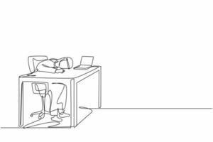 Single one line drawing exhausted sick tired Arabian male manager in office sad boring sitting with head down on laptop. Frustrated worker mental health problems. continuous line design graphic vector