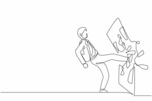 Single continuous line drawing businessman kicked the mirror and shattered it. Breaking impossible barrier. Business motivation, breakthrough concept. One line draw graphic design vector illustration